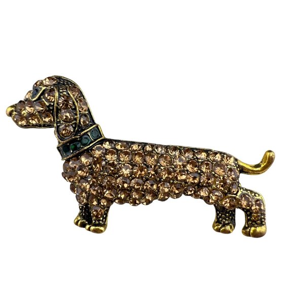 Vintage Rhinestone Dachshund Dog Pin Brooch Gold-Tone Brown & Green Accents Jewe - Picture 1 of 6